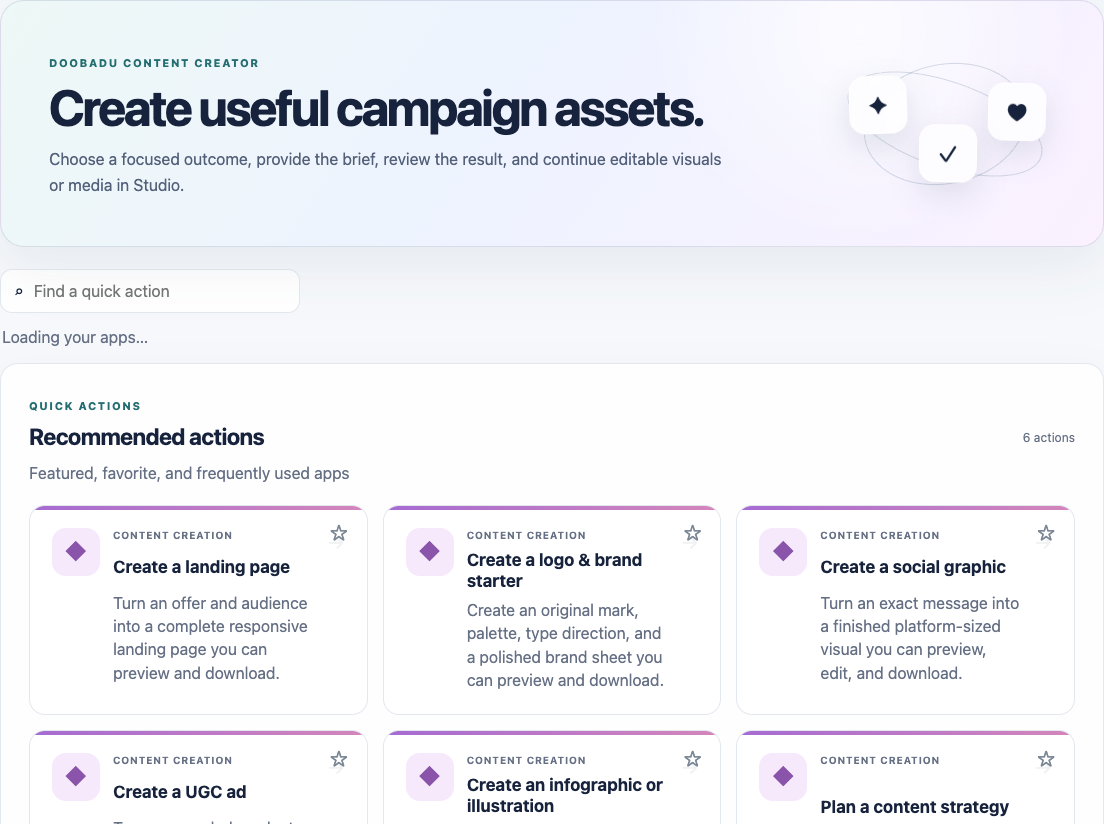 Doobadu Content Creator workspace and its focused actions